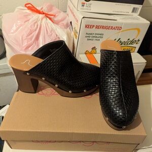 Sugar Black Woven Mule Clogs with Wood-Tone Heel